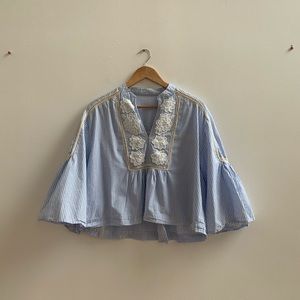 Embroidered pin strip ruffle blouse